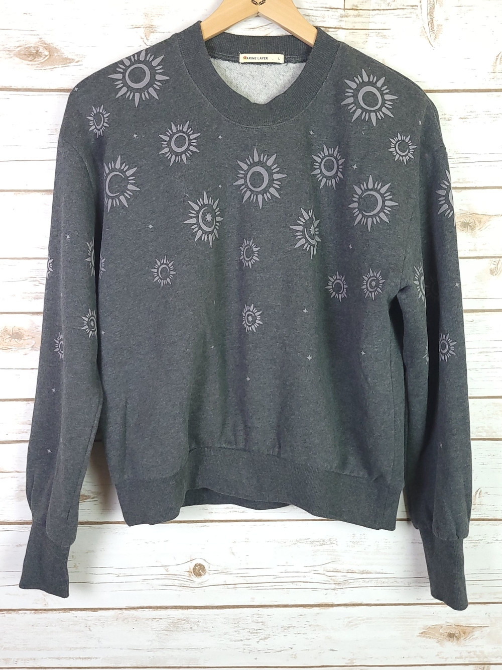 Marine Layer Rue Celestial Sweatshirt Large Gray Sun Moon Star Flocked Crewneck